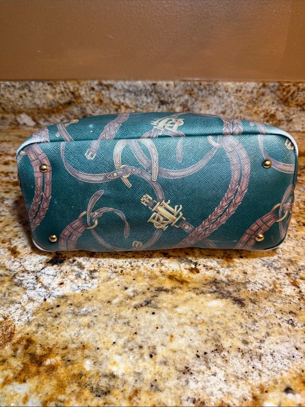 Ralph Lauren Green Printed Tote Bag with Tan Trim